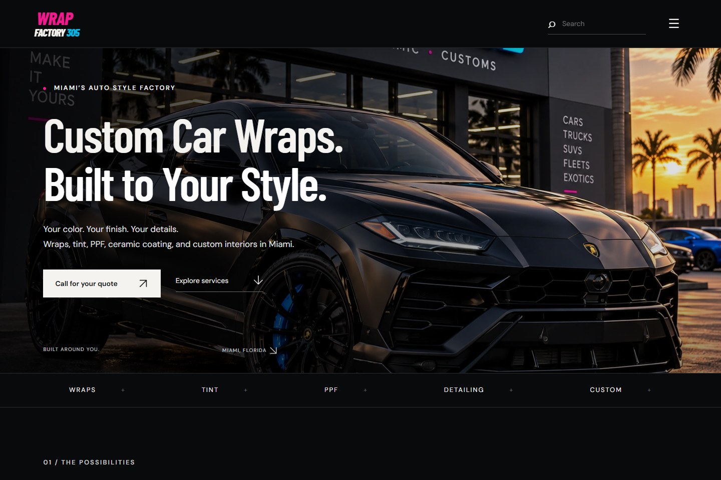 Wrap Factory 305 homepage showing custom vehicle work