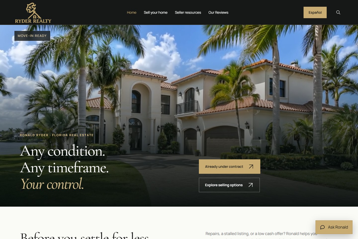 Ryder Realty homepage with Florida home imagery and seller messaging