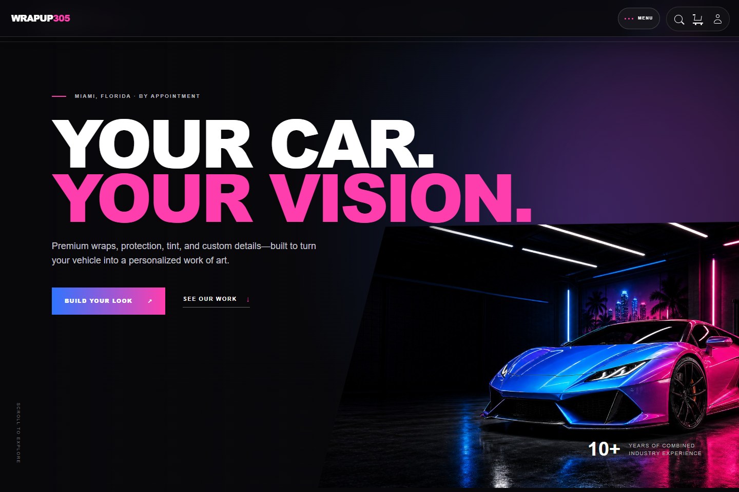 WrapUp305 homepage featuring a custom wrapped vehicle